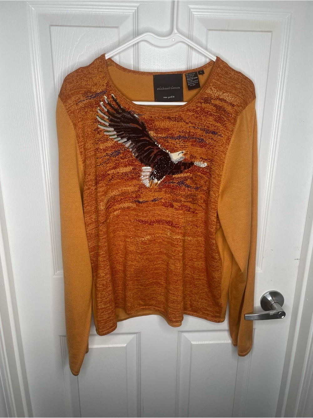 Michael Simon Vintage 2001 Spun Silk Eagle Knit Sequined Sweater in Gold XL